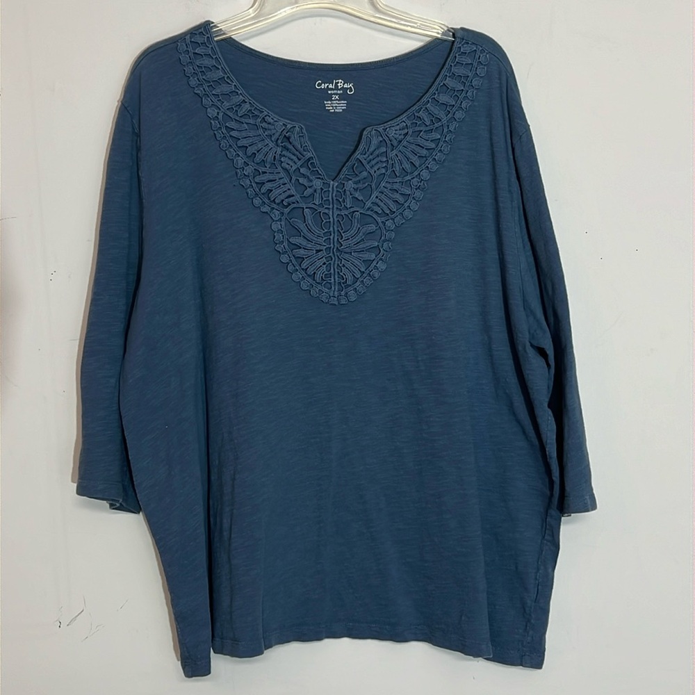 🌞 Coral Bay embroidered neckline blue tunic top blouse women plus size 2X